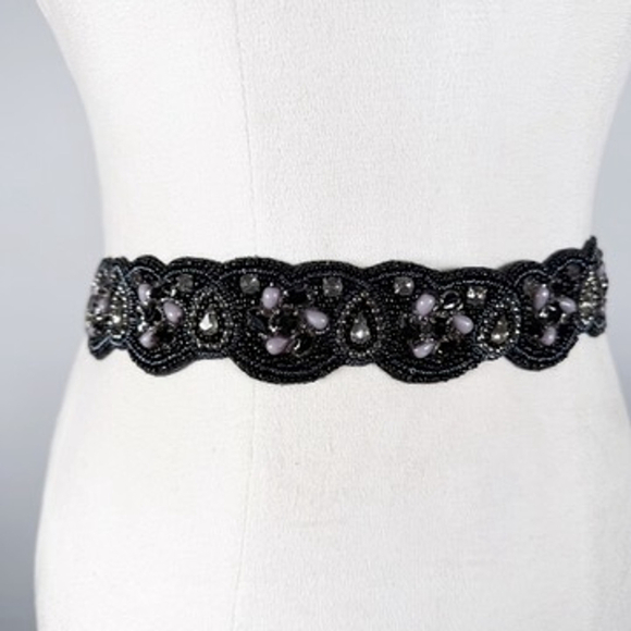 Stunning Special Occasion Statement Waist Belt Black Blue Beaded Stretch Size S main image 7